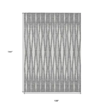 9' X 12' Gray And Ivory Geometric Washable Indoor Outdoor Area Rug
