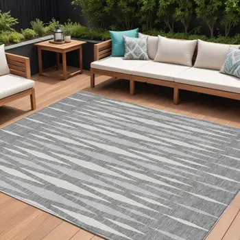 10' X 14' Gray And Ivory Geometric Washable Indoor Outdoor Area Rug