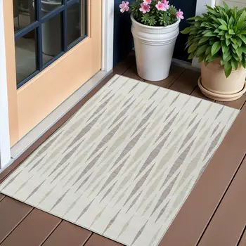 3' X 5' Ivory Brown And Beige Geometric Washable Indoor Outdoor Area Rug