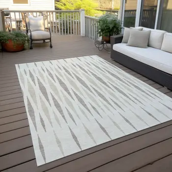 5' X 8' Ivory Brown And Beige Geometric Washable Indoor Outdoor Area Rug