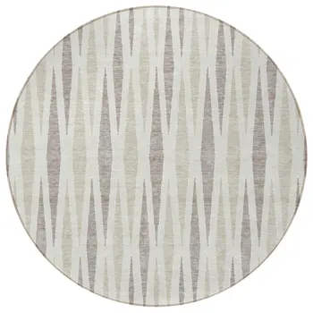 8' Ivory Brown And Beige Round Geometric Washable Indoor Outdoor Area Rug