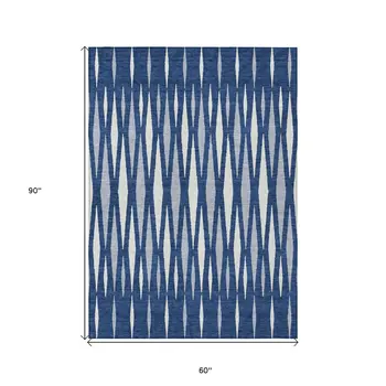5' X 8' Navy Blue Gray And Ivory Geometric Washable Indoor Outdoor Area Rug