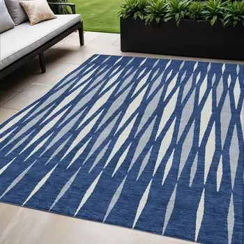 5' X 8' Navy Blue Gray And Ivory Geometric Washable Indoor Outdoor Area Rug
