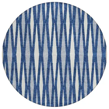 8' Navy Blue Gray And Ivory Round Geometric Washable Indoor Outdoor Area Rug