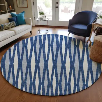 8' Navy Blue Gray And Ivory Round Geometric Washable Indoor Outdoor Area Rug
