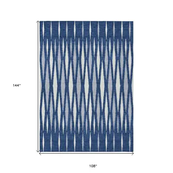 9' X 12' Navy Blue Gray And Ivory Geometric Washable Indoor Outdoor Area Rug