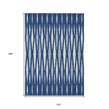 10' X 14' Navy Blue Gray And Ivory Geometric Washable Indoor Outdoor Area Rug