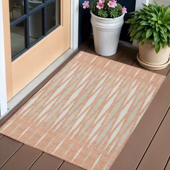 3' X 5' Salmon Gray And Ivory Geometric Washable Indoor Outdoor Area Rug