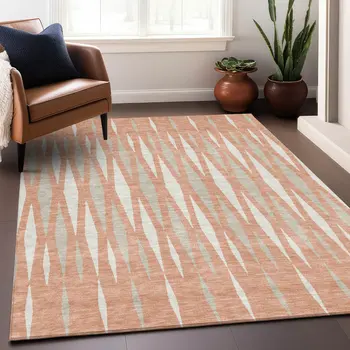 5' X 8' Salmon Gray And Ivory Geometric Washable Indoor Outdoor Area Rug