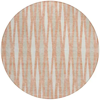 8' Salmon Gray And Ivory Round Geometric Washable Indoor Outdoor Area Rug