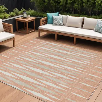 10' X 14' Salmon Gray And Ivory Geometric Washable Indoor Outdoor Area Rug