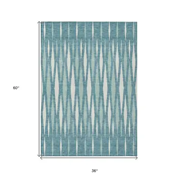 3' X 5' Teal Blue And Ivory Geometric Washable Indoor Outdoor Area Rug
