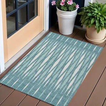 3' X 5' Teal Blue And Ivory Geometric Washable Indoor Outdoor Area Rug