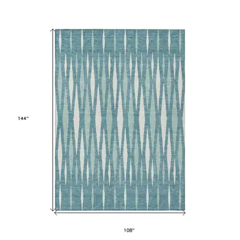 9' X 12' Teal Blue And Ivory Geometric Washable Indoor Outdoor Area Rug