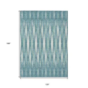 10' X 14' Teal Blue And Ivory Geometric Washable Indoor Outdoor Area Rug