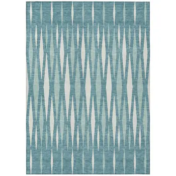 10' X 14' Teal Blue And Ivory Geometric Washable Indoor Outdoor Area Rug