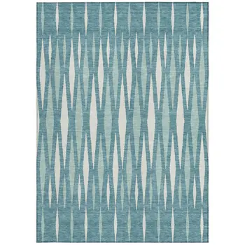 10' X 14' Teal Blue And Ivory Geometric Washable Indoor Outdoor Area Rug