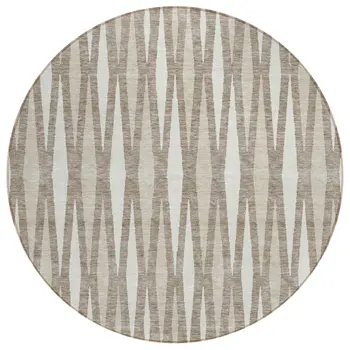 8' Taupe Beige And Ivory Round Geometric Washable Indoor Outdoor Area Rug