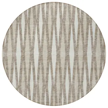 8' Taupe Beige And Ivory Round Geometric Washable Indoor Outdoor Area Rug