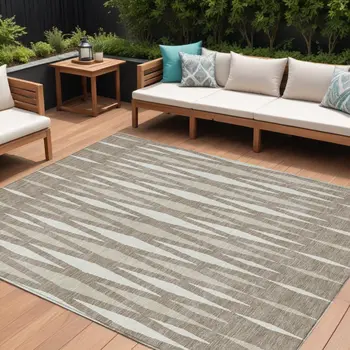 8' X 10' Taupe Beige And Ivory Geometric Washable Indoor Outdoor Area Rug