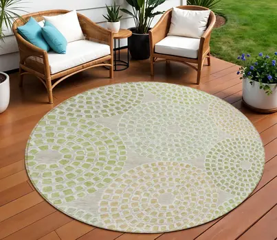 8' Artichoke Green And Brown Round Geometric Washable Indoor Outdoor Area Rug