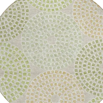 8' Artichoke Green And Brown Round Geometric Washable Indoor Outdoor Area Rug