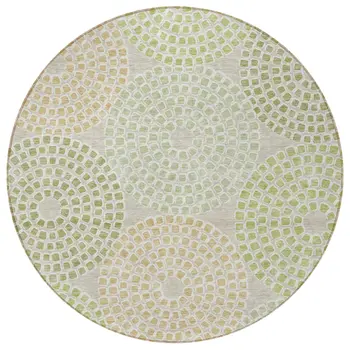 8' Artichoke Green And Brown Round Geometric Washable Indoor Outdoor Area Rug