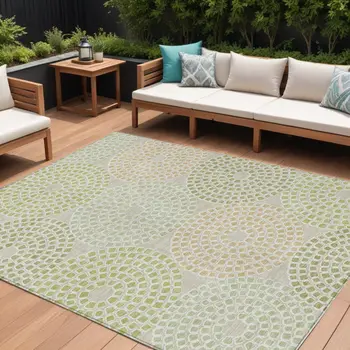 9' X 12' Artichoke Green And Brown Geometric Washable Indoor Outdoor Area Rug