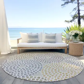 8' Beige Brown And Gray Round Geometric Washable Indoor Outdoor Area Rug