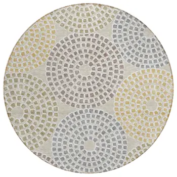 8' Beige Brown And Gray Round Geometric Washable Indoor Outdoor Area Rug