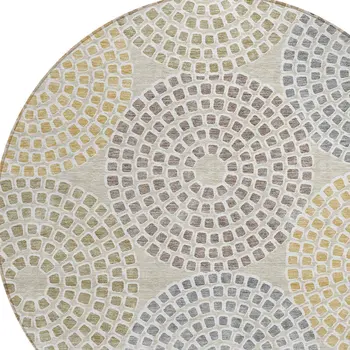 8' Beige Brown And Gray Round Geometric Washable Indoor Outdoor Area Rug