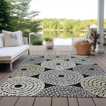 3' X 5' Black Gray And Beige Geometric Washable Indoor Outdoor Area Rug