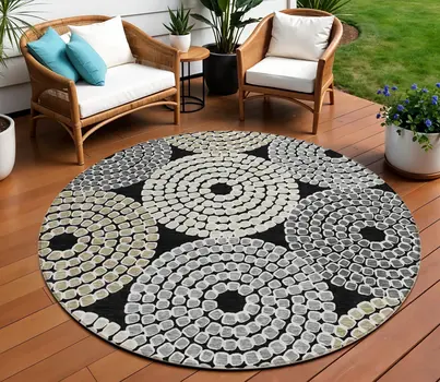 8' Black Gray And Beige Round Geometric Washable Indoor Outdoor Area Rug