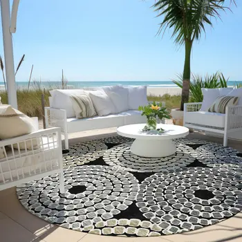 8' Black Gray And Beige Round Geometric Washable Indoor Outdoor Area Rug