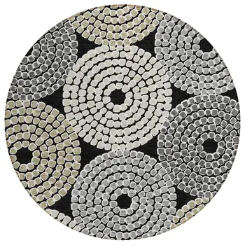 8' Black Gray And Beige Round Geometric Washable Indoor Outdoor Area Rug