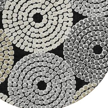 8' Black Gray And Beige Round Geometric Washable Indoor Outdoor Area Rug