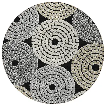 8' Black Gray And Beige Round Geometric Washable Indoor Outdoor Area Rug