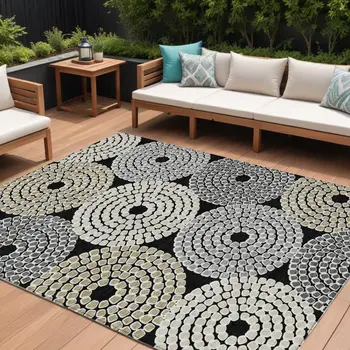 9' X 12' Black Gray And Beige Geometric Washable Indoor Outdoor Area Rug