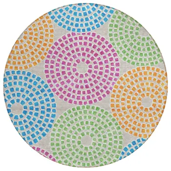 8' Purple Green And Aqua Round Geometric Washable Indoor Outdoor Area Rug