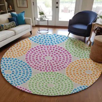 8' Purple Green And Aqua Round Geometric Washable Indoor Outdoor Area Rug