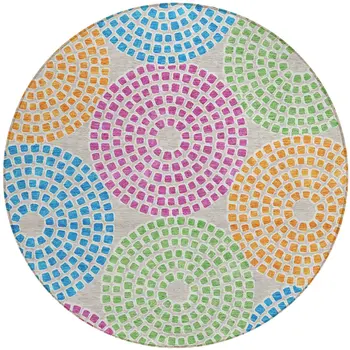8' Purple Green And Aqua Round Geometric Washable Indoor Outdoor Area Rug