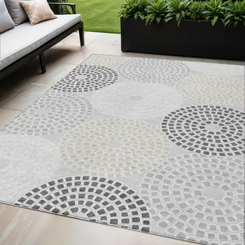 5' X 8' Gray And Taupe Geometric Washable Indoor Outdoor Area Rug