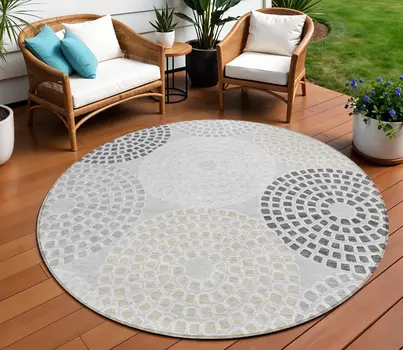 8' Gray And Taupe Round Geometric Washable Indoor Outdoor Area Rug