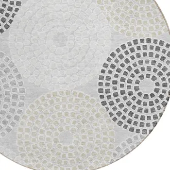 8' Gray And Taupe Round Geometric Washable Indoor Outdoor Area Rug