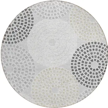 8' Gray And Taupe Round Geometric Washable Indoor Outdoor Area Rug