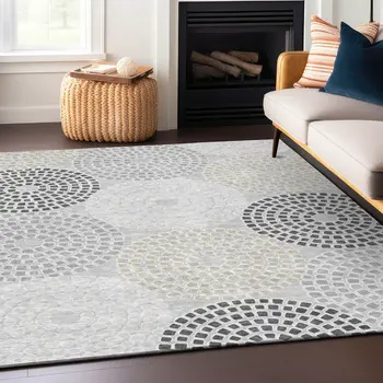 9' X 12' Gray And Taupe Geometric Washable Indoor Outdoor Area Rug