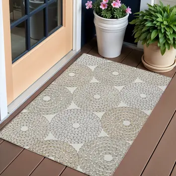 3' X 5' Ivory Brown And Gray Geometric Washable Indoor Outdoor Area Rug