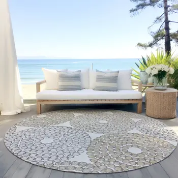 8' Ivory Brown And Gray Round Geometric Washable Indoor Outdoor Area Rug