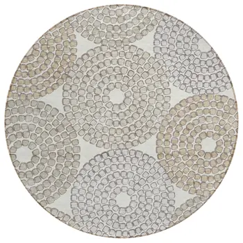 8' Ivory Brown And Gray Round Geometric Washable Indoor Outdoor Area Rug