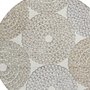 8' Ivory Brown And Gray Round Geometric Washable Indoor Outdoor Area Rug